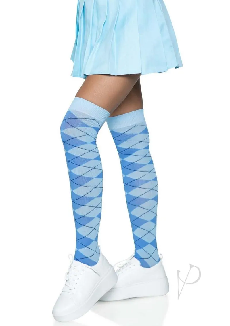 Argyle Knit Over The Knee Socks Os Blue