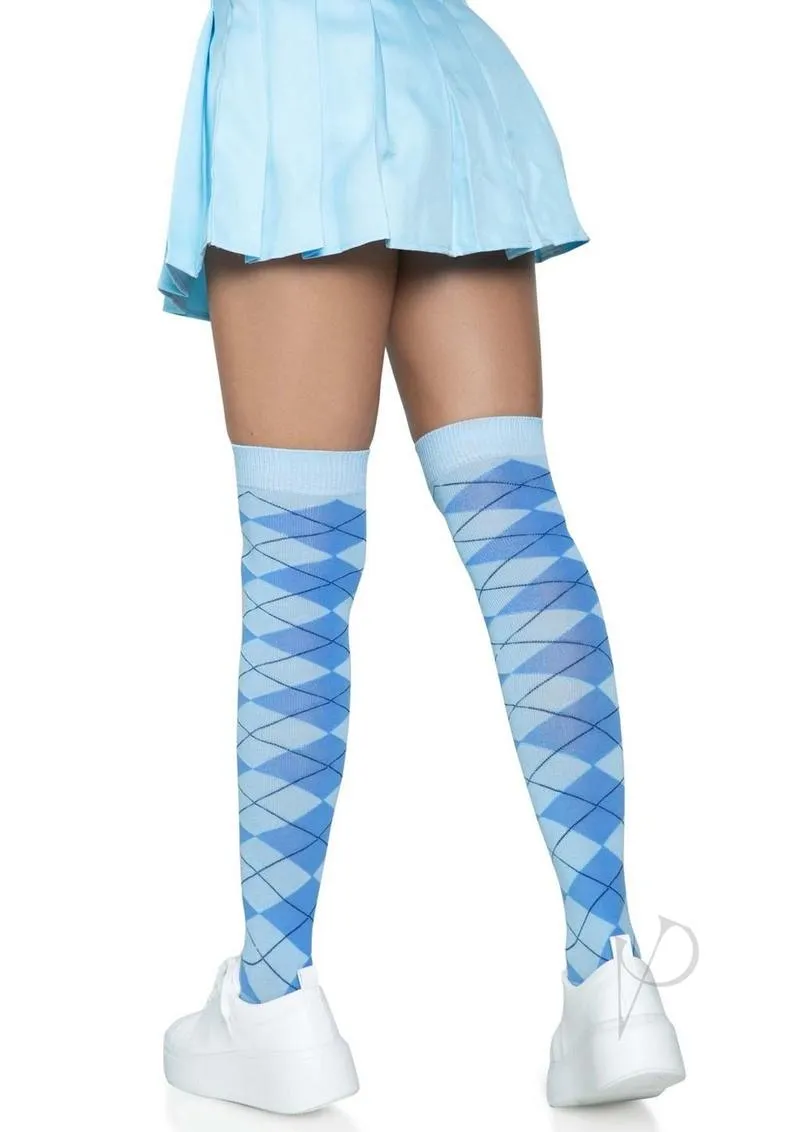 Argyle Knit Over The Knee Socks Os Blue