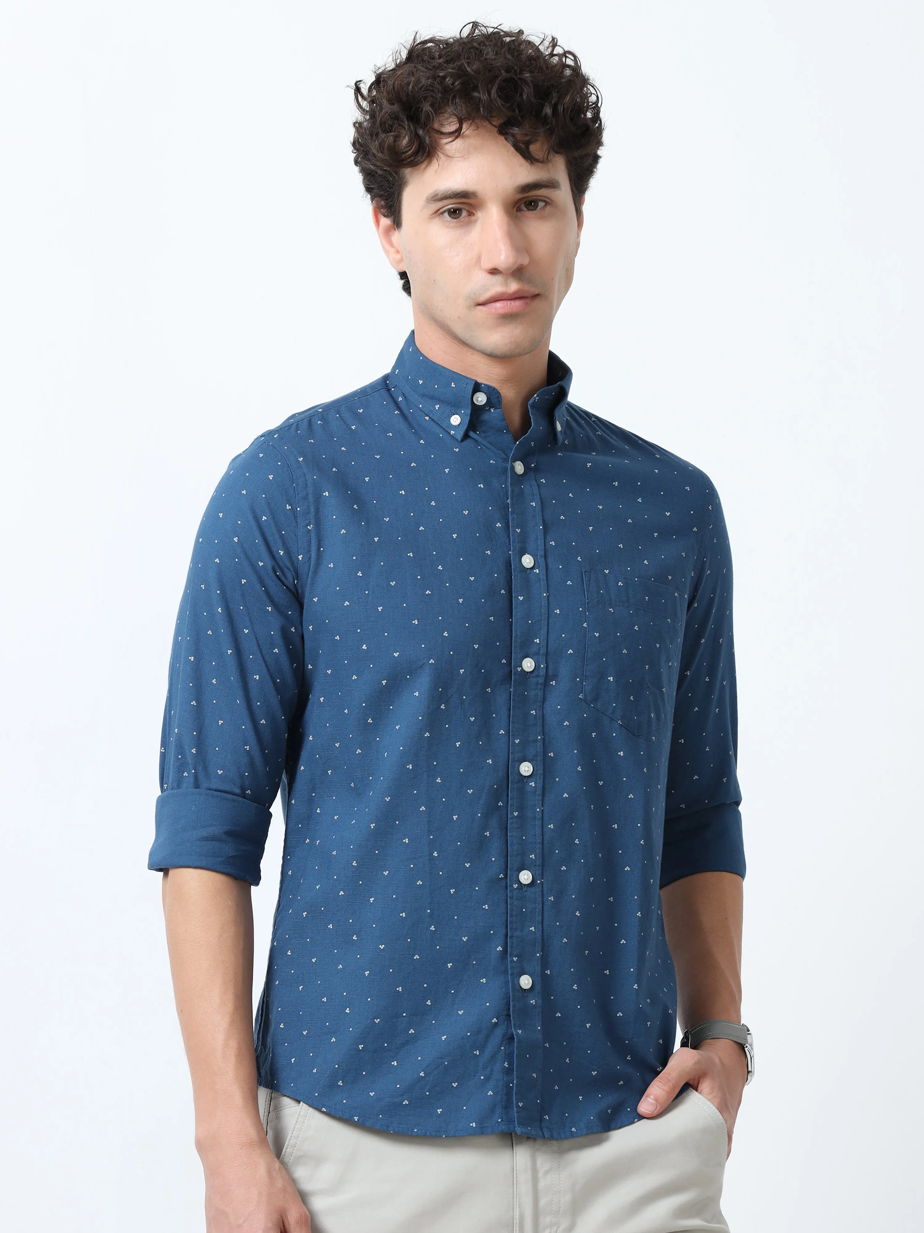 Astrid - Turkish Fit Printed Shirt- Blue
