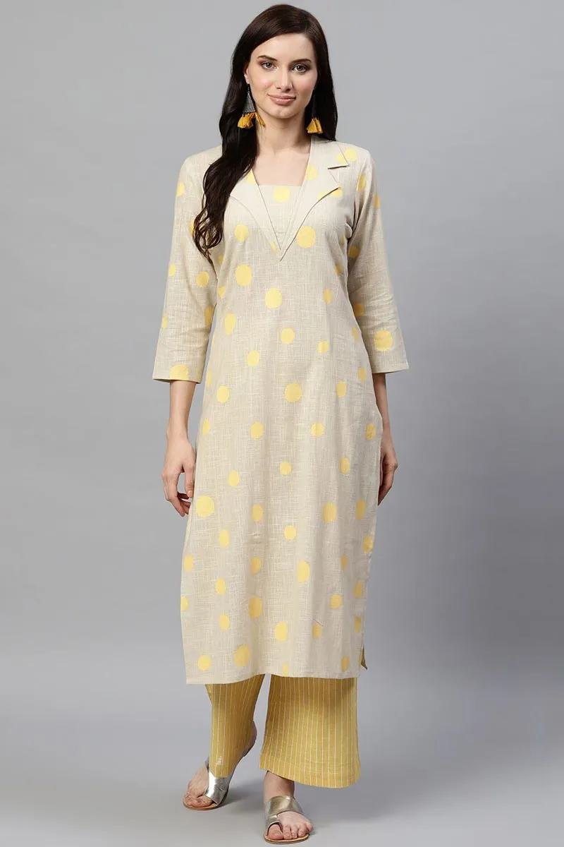 Beige Pure Cotton Geometric Print Kurta Set