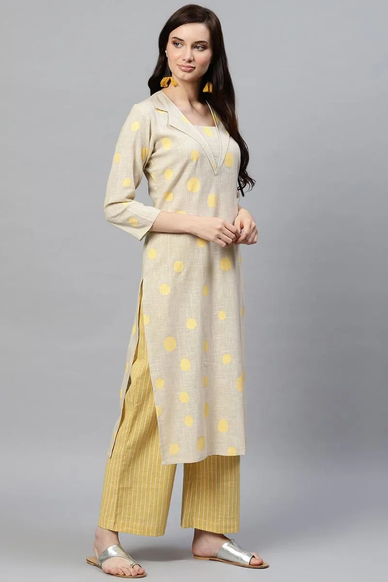 Beige Pure Cotton Geometric Print Kurta Set