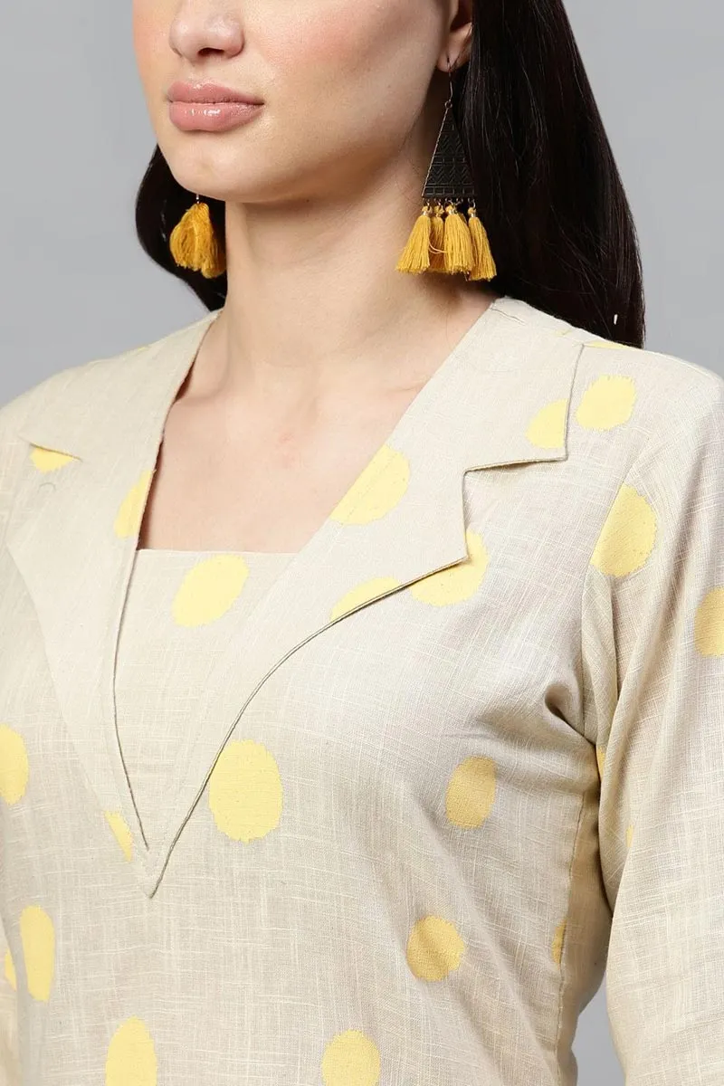 Beige Pure Cotton Geometric Print Kurta Set
