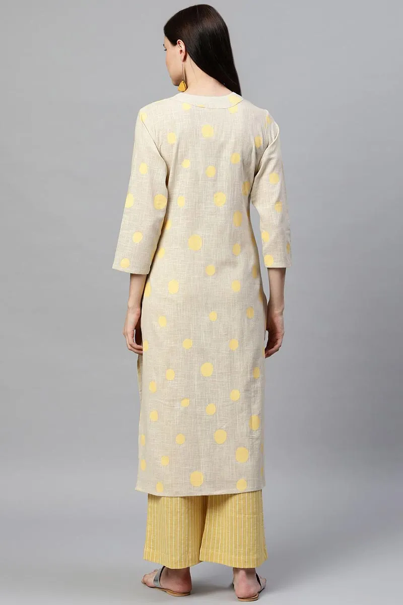 Beige Pure Cotton Geometric Print Kurta Set