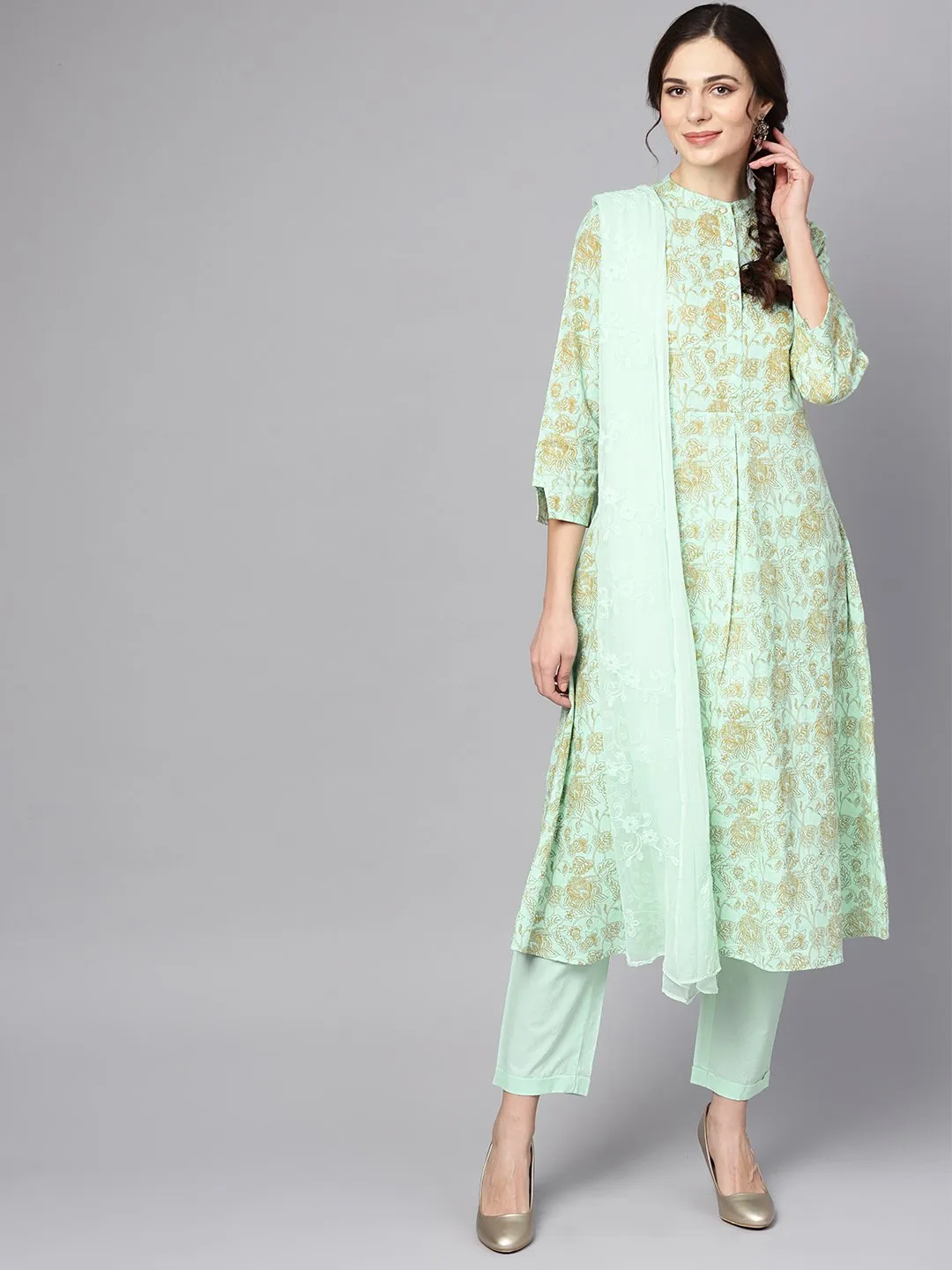 Blue Printed 3/4Th Sleeve Cotton Kurta With Printed Palazzo And Embriodery Dupatta