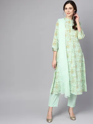 Blue Printed 3/4Th Sleeve Cotton Kurta With Printed Palazzo And Embriodery Dupatta