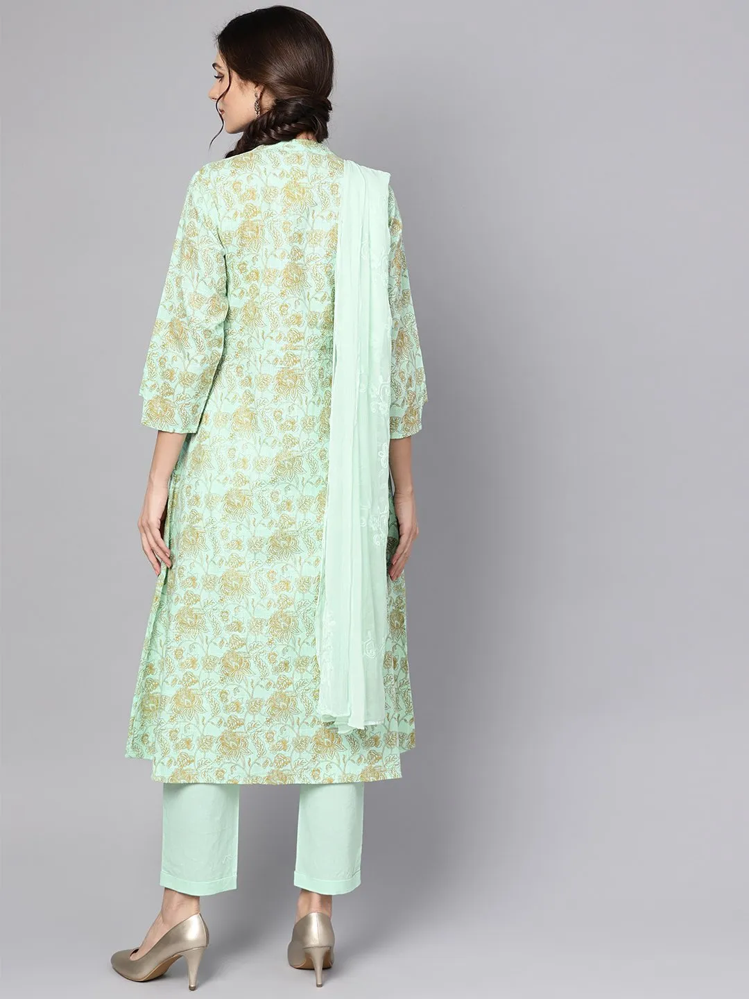 Blue Printed 3/4Th Sleeve Cotton Kurta With Printed Palazzo And Embriodery Dupatta