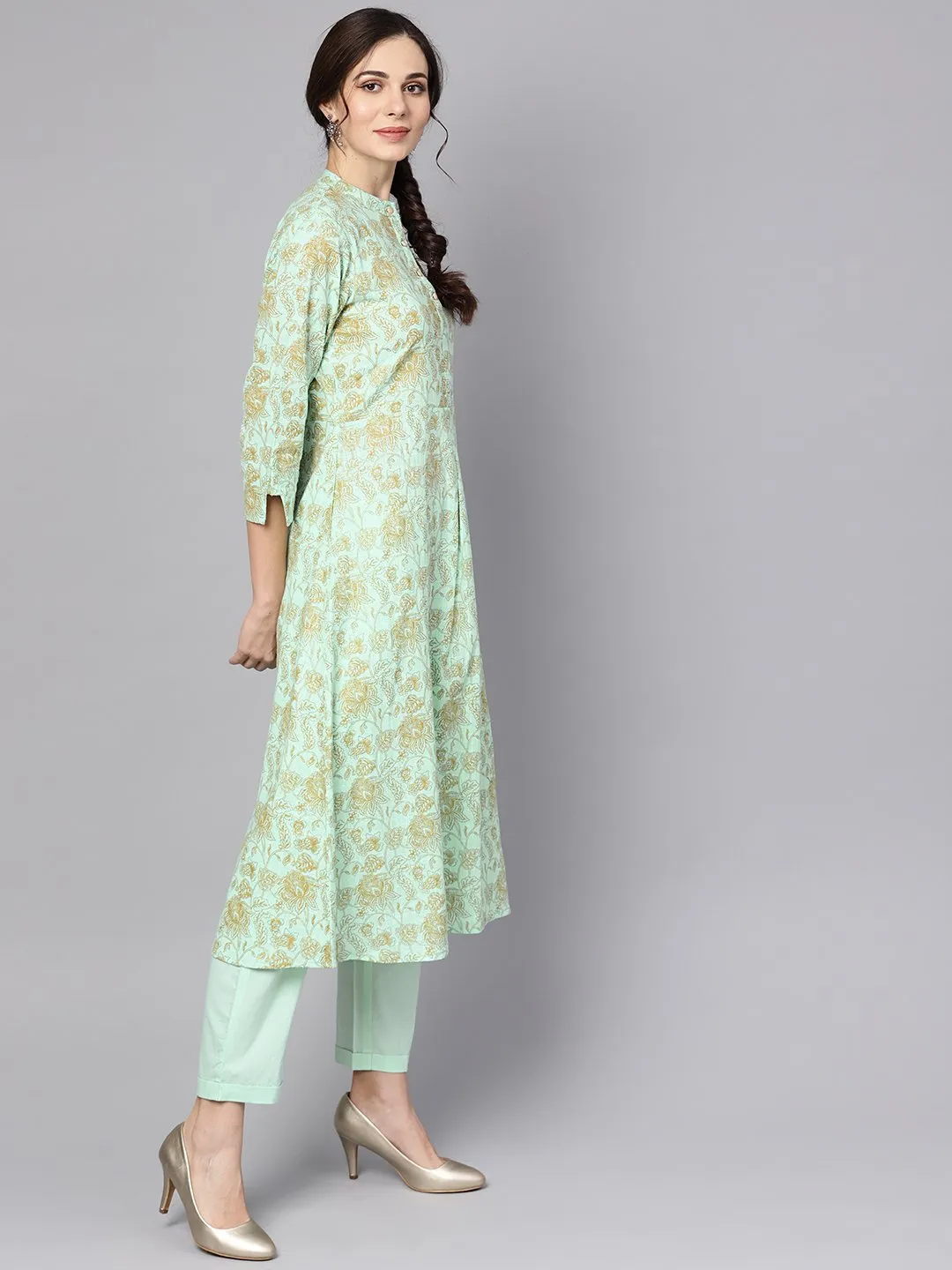 Blue Printed 3/4Th Sleeve Cotton Kurta With Printed Palazzo And Embriodery Dupatta