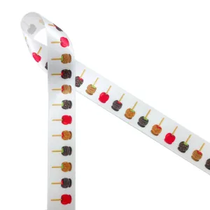 Candy apple ribbon with apples dipped in red, caramel and chocolate printed on 7/8" white satin