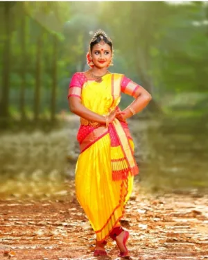 Charming Yellow and Pink Color Kuchipudi Sunpleat Costume