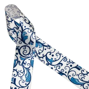 Chinoiserie Ginger jar filigree design ribbon in blue and white printed on 1.5" white single face satin