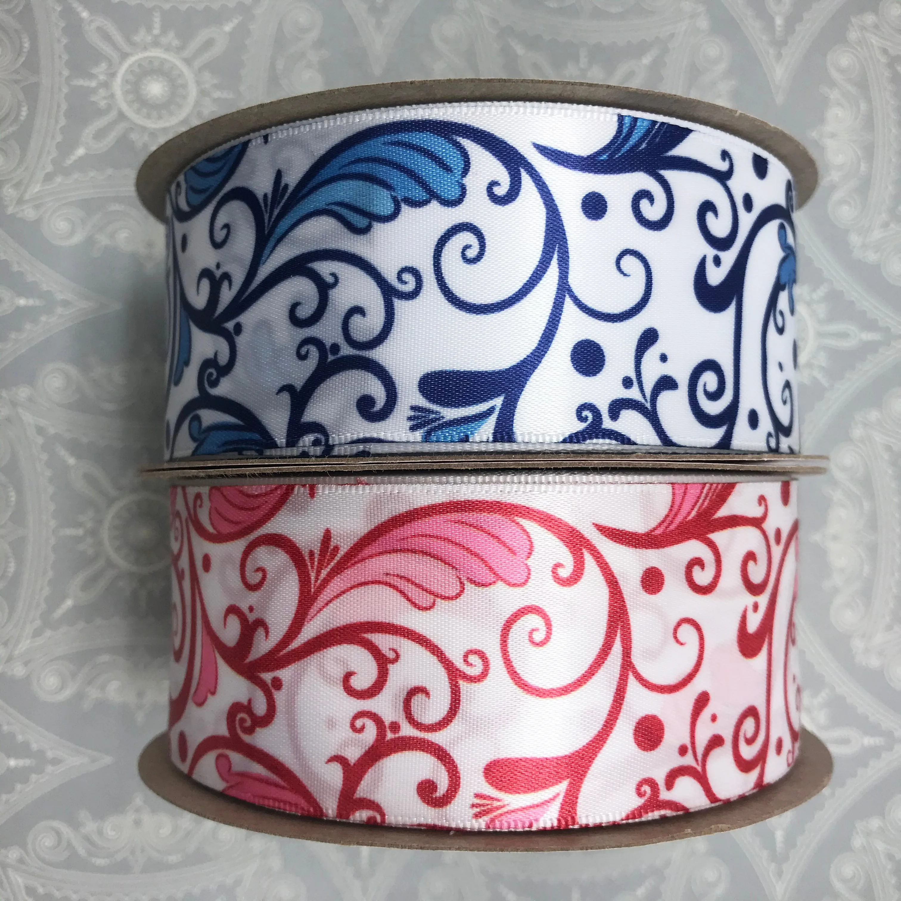 Chinoiserie Ginger jar filigree design ribbon in blue and white printed on 1.5" white single face satin