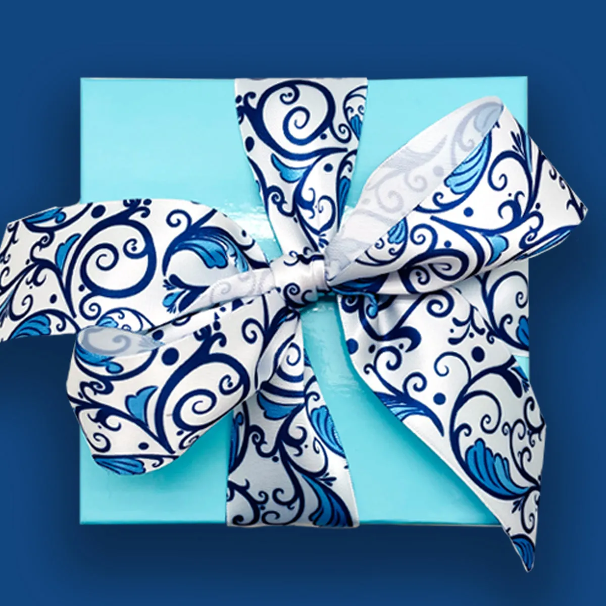Chinoiserie Ginger jar filigree design ribbon in blue and white printed on 1.5" white single face satin