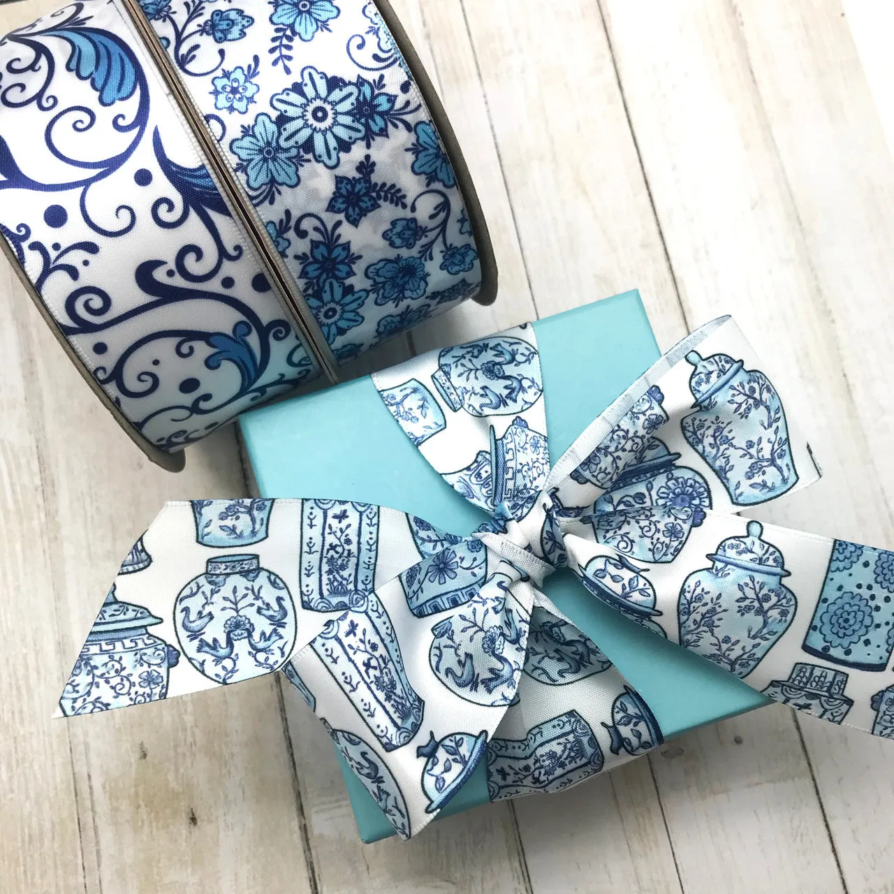 Chinoiserie Ginger jar filigree design ribbon in blue and white printed on 1.5" white single face satin