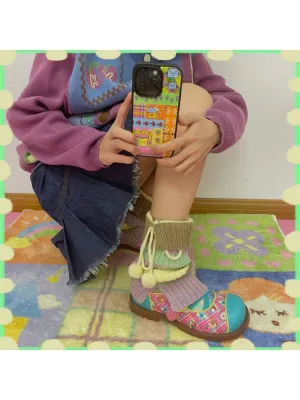 Colorful Stripes Pom Pom Ribbon Mid-Calf Socks【s0000003554】