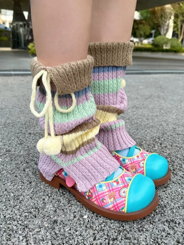 Colorful Stripes Pom Pom Ribbon Mid-Calf Socks【s0000003554】
