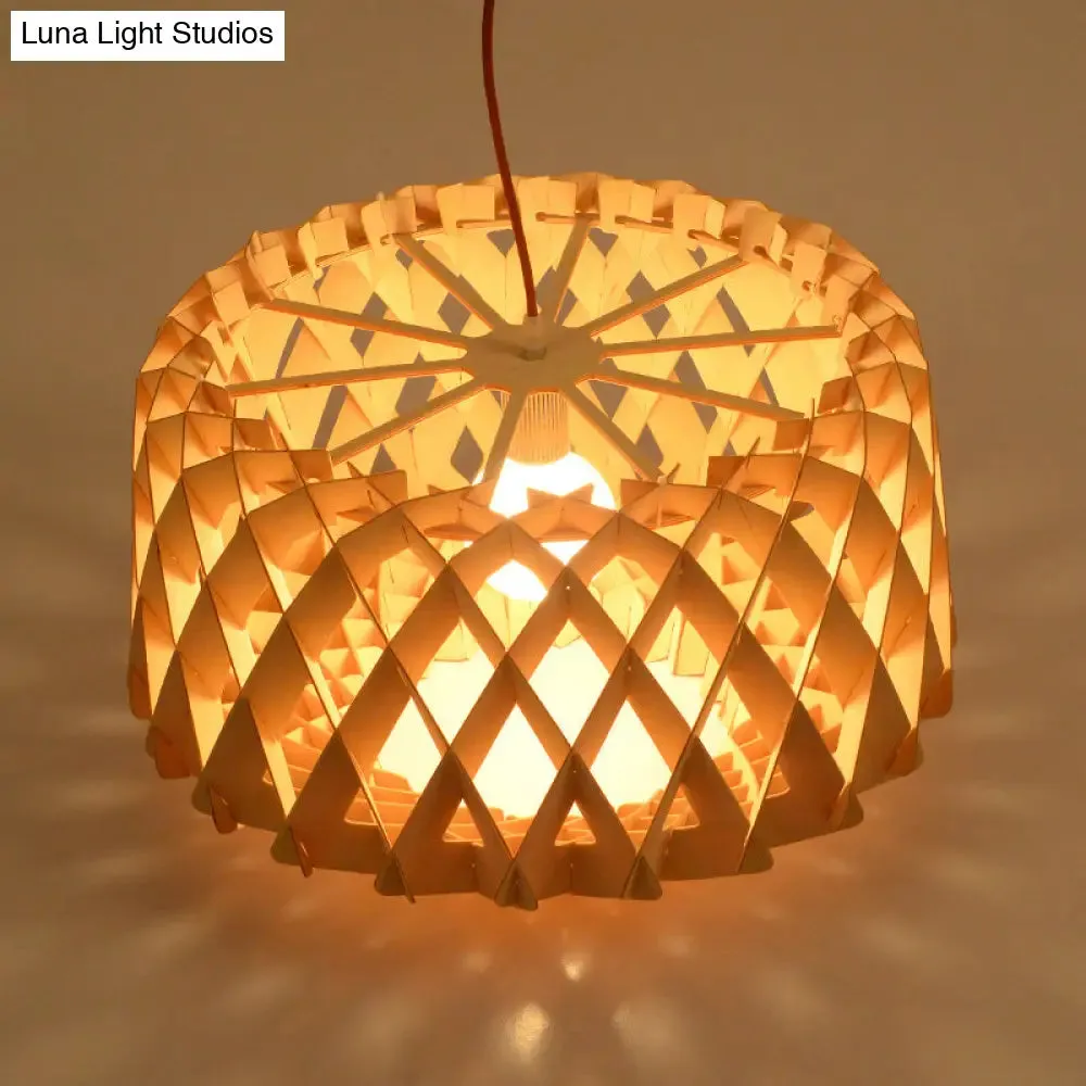 Contemporary Cross-Weave Wood Drum Pendant - 1 Head Beige Suspended Lamp Fixture
