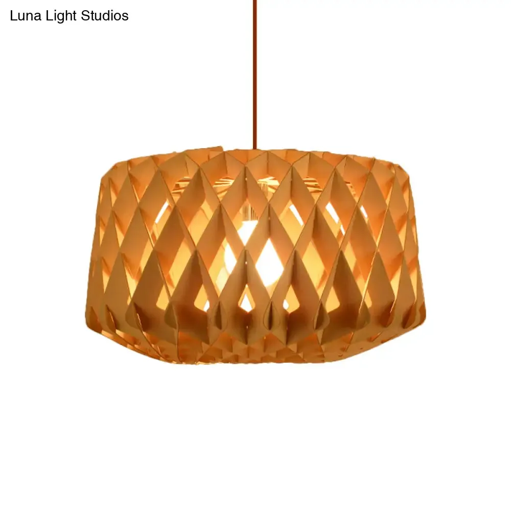 Contemporary Cross-Weave Wood Drum Pendant - 1 Head Beige Suspended Lamp Fixture