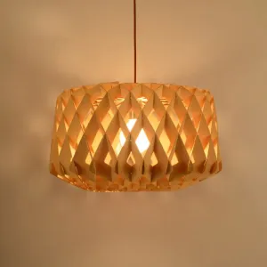 Contemporary Cross-Weave Wood Drum Pendant - 1 Head Beige Suspended Lamp Fixture