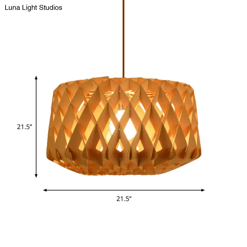 Contemporary Cross-Weave Wood Drum Pendant - 1 Head Beige Suspended Lamp Fixture