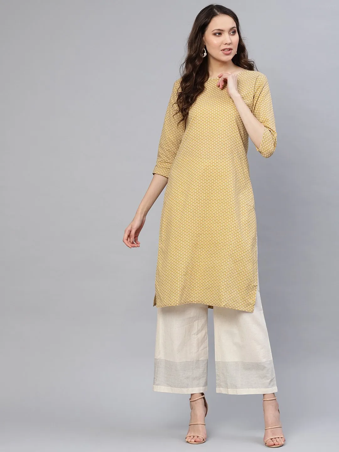 Cream Geometric Printed Straight Kurta With Round Neck And 3/4Th Sleeves