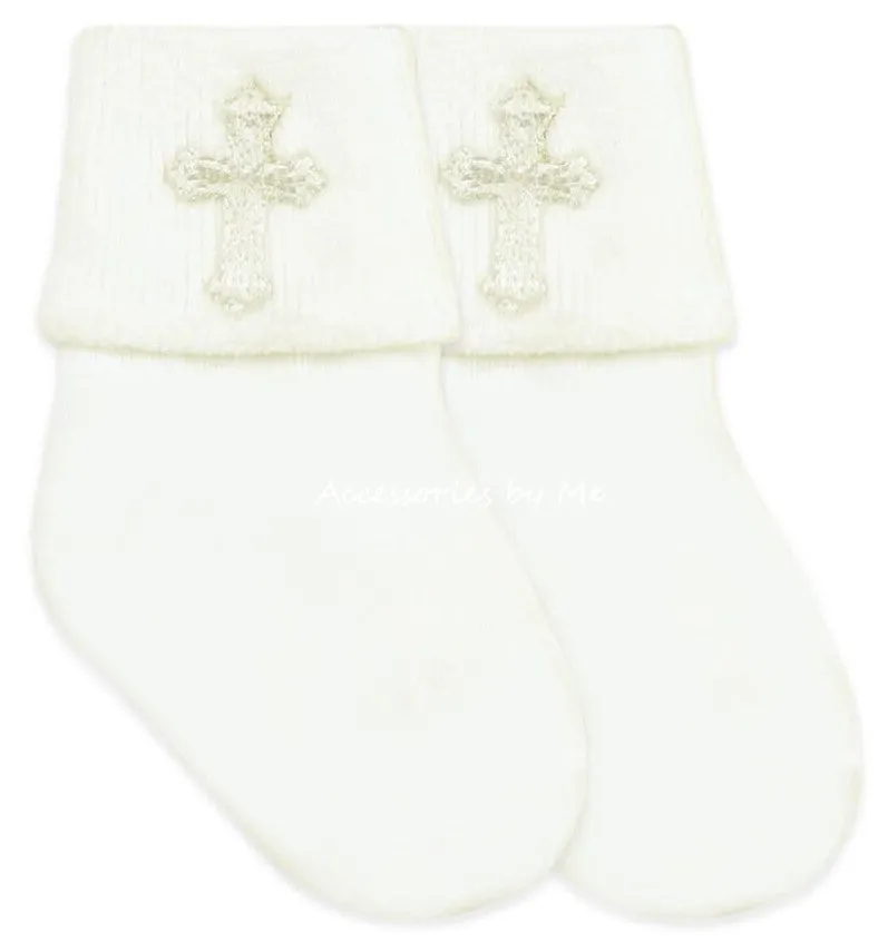 Embroidered Cross Socks - Available in White or ivory
