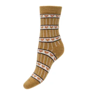 Fine knit, ribbed Wool Blend Socks with hearts - MUSTARD