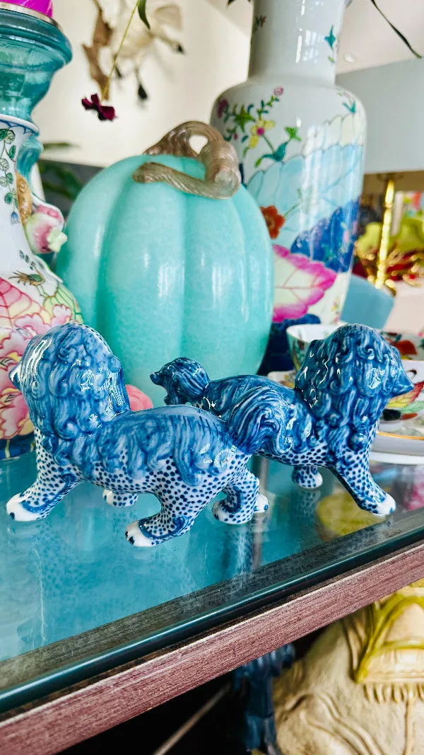 Foo Dogs, Reproduction, Pair, Blue and White Chinoiserie