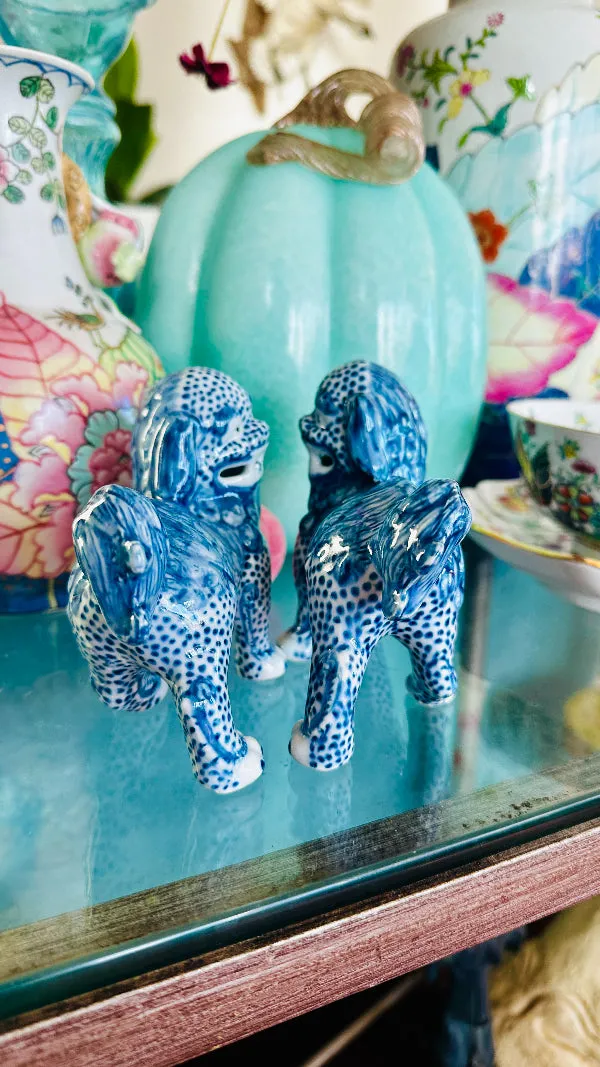 Foo Dogs, Reproduction, Pair, Blue and White Chinoiserie