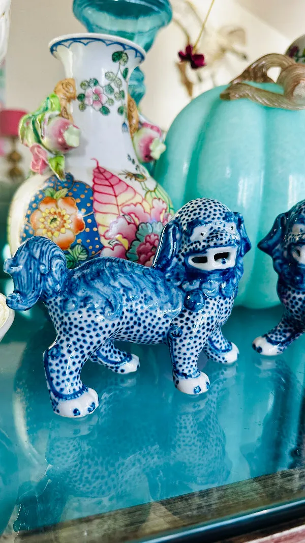 Foo Dogs, Reproduction, Pair, Blue and White Chinoiserie