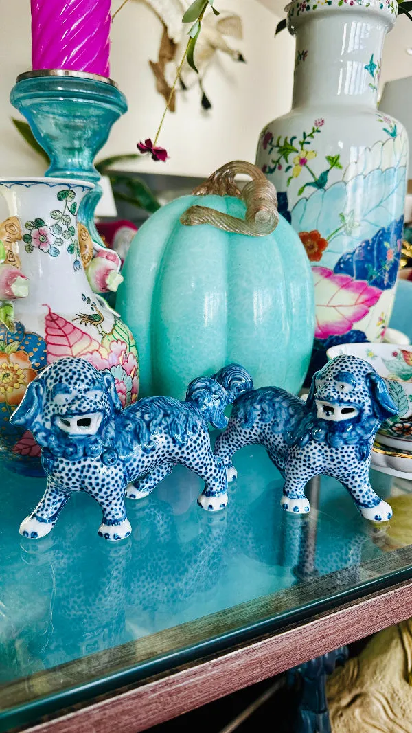 Foo Dogs, Reproduction, Pair, Blue and White Chinoiserie