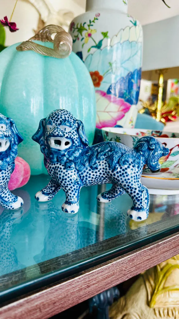 Foo Dogs, Reproduction, Pair, Blue and White Chinoiserie