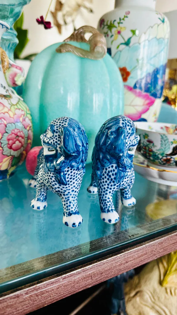 Foo Dogs, Reproduction, Pair, Blue and White Chinoiserie