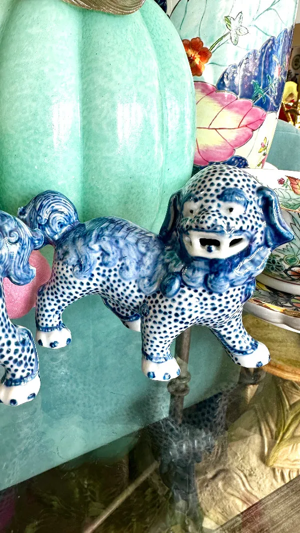Foo Dogs, Reproduction, Pair, Blue and White Chinoiserie