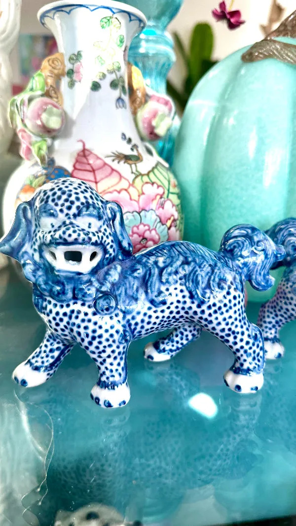 Foo Dogs, Reproduction, Pair, Blue and White Chinoiserie