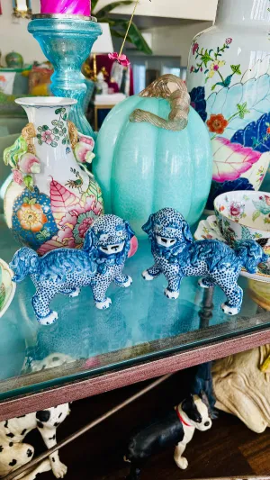 Foo Dogs, Reproduction, Pair, Blue and White Chinoiserie