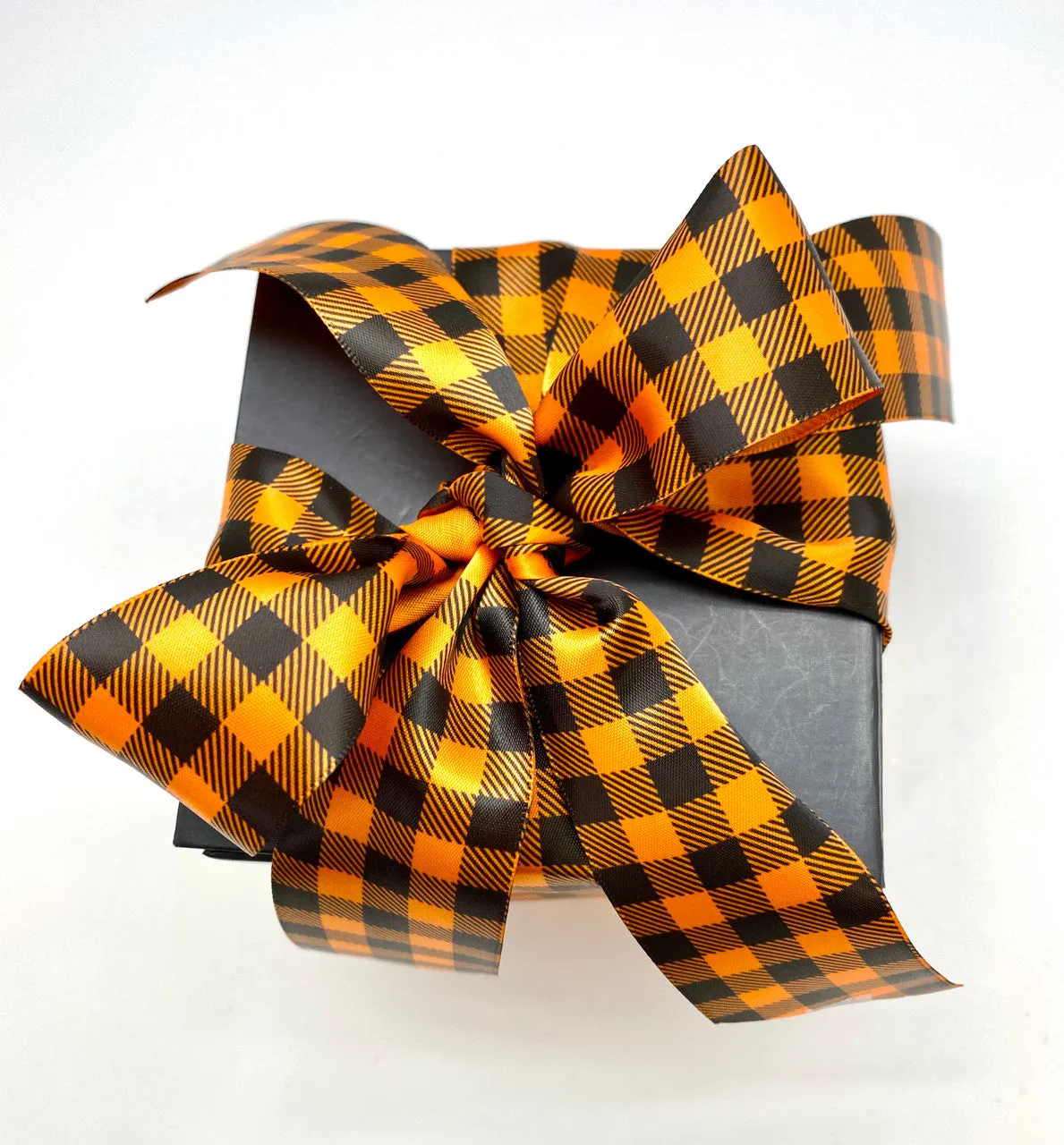 Gingham Check Ribbon black and orange printed on 1.5" Tangerine satin