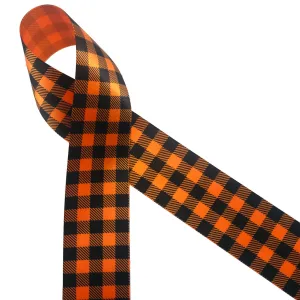 Gingham Check Ribbon black and orange printed on 1.5" Tangerine satin