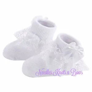 Girls White Lace Ankle Socks w/ Bows, Baby Toddler