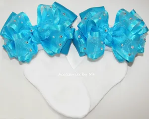 Glitzy Turquoise Blue Organza Satin Bow Socks