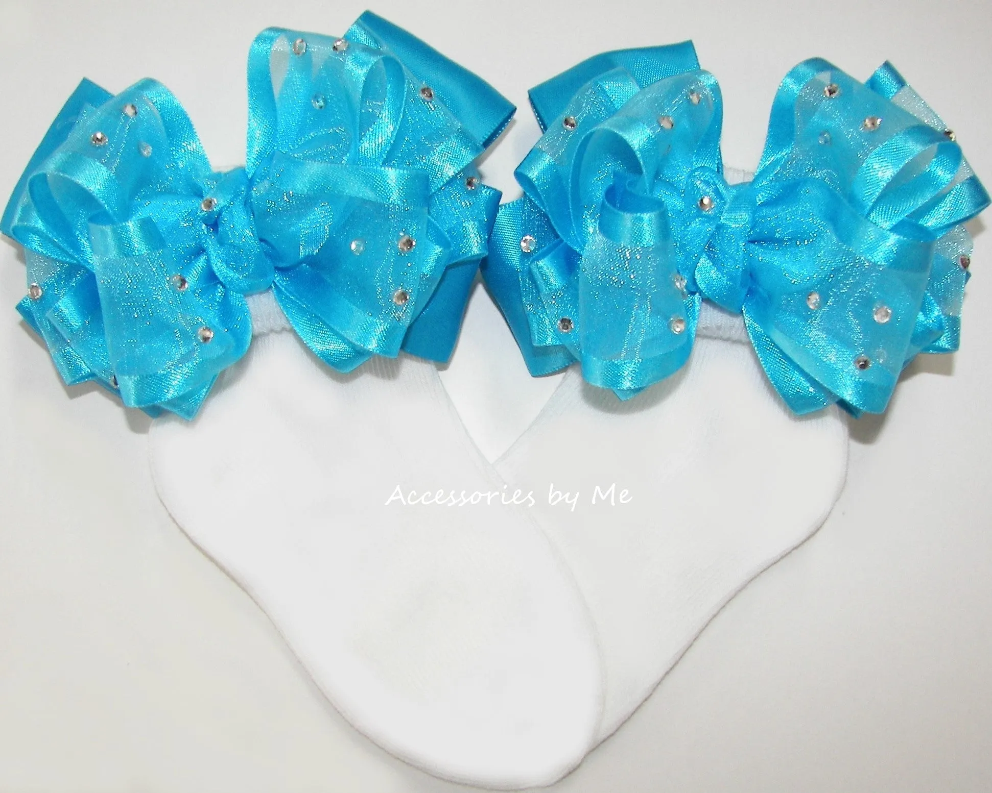 Glitzy Turquoise Blue Organza Satin Bow Socks