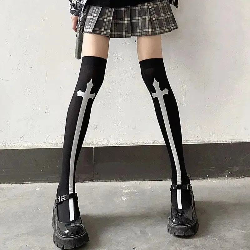 Gothic & Punk Fashion Halloween Knee High Socks with Cross