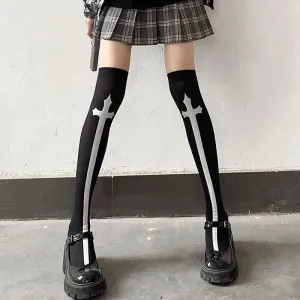 Gothic & Punk Fashion Halloween Knee High Socks with Cross