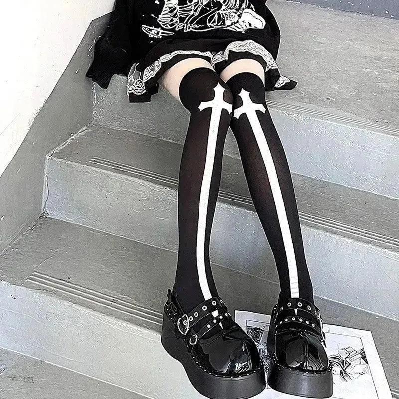 Gothic & Punk Fashion Halloween Knee High Socks with Cross