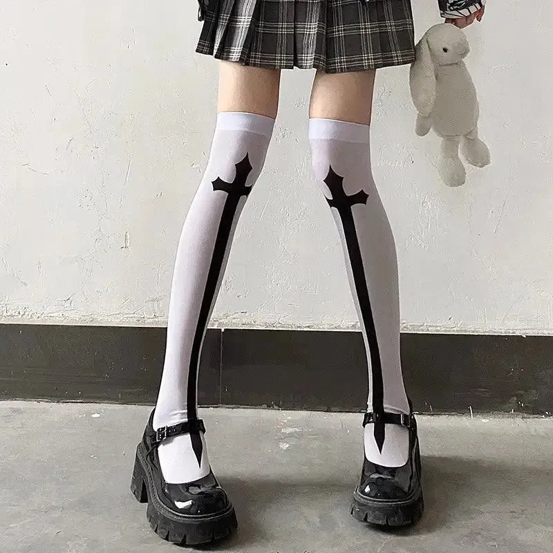 Gothic & Punk Fashion Halloween Knee High Socks with Cross