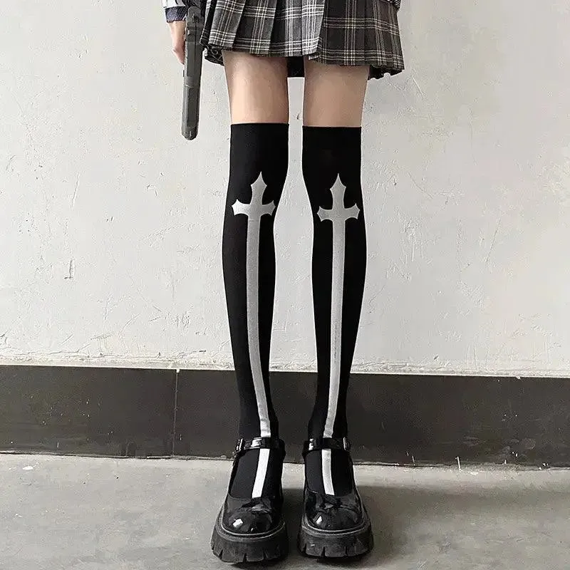 Gothic & Punk Fashion Halloween Knee High Socks with Cross