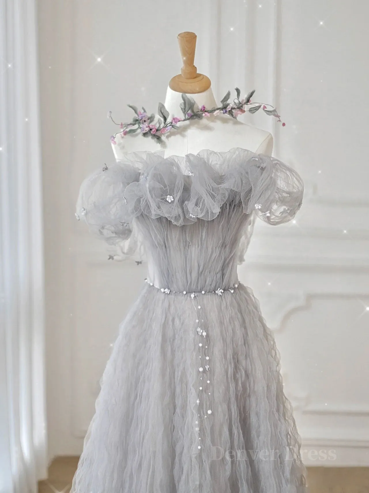 Gray tulle sequin long prom dress gray tulle formal dress