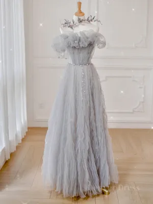 Gray tulle sequin long prom dress gray tulle formal dress