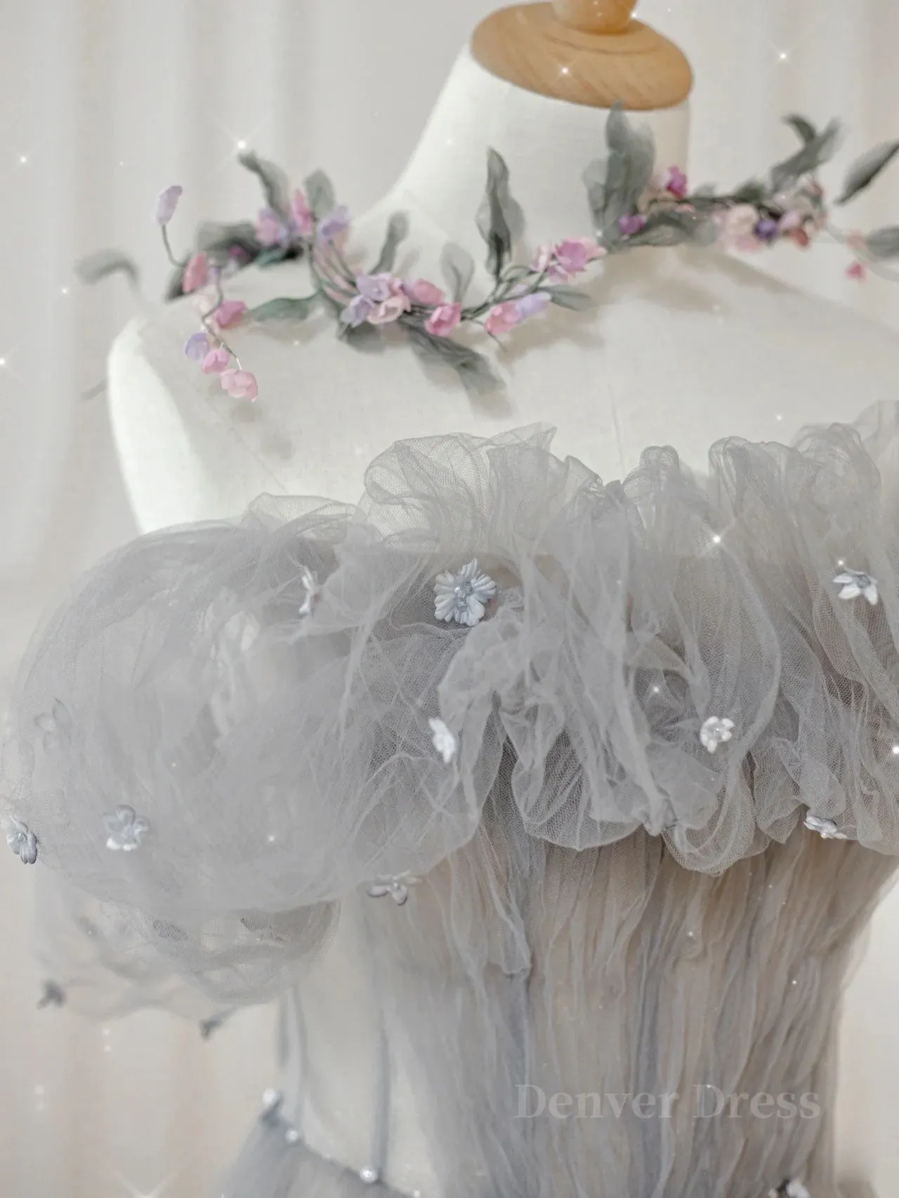 Gray tulle sequin long prom dress gray tulle formal dress