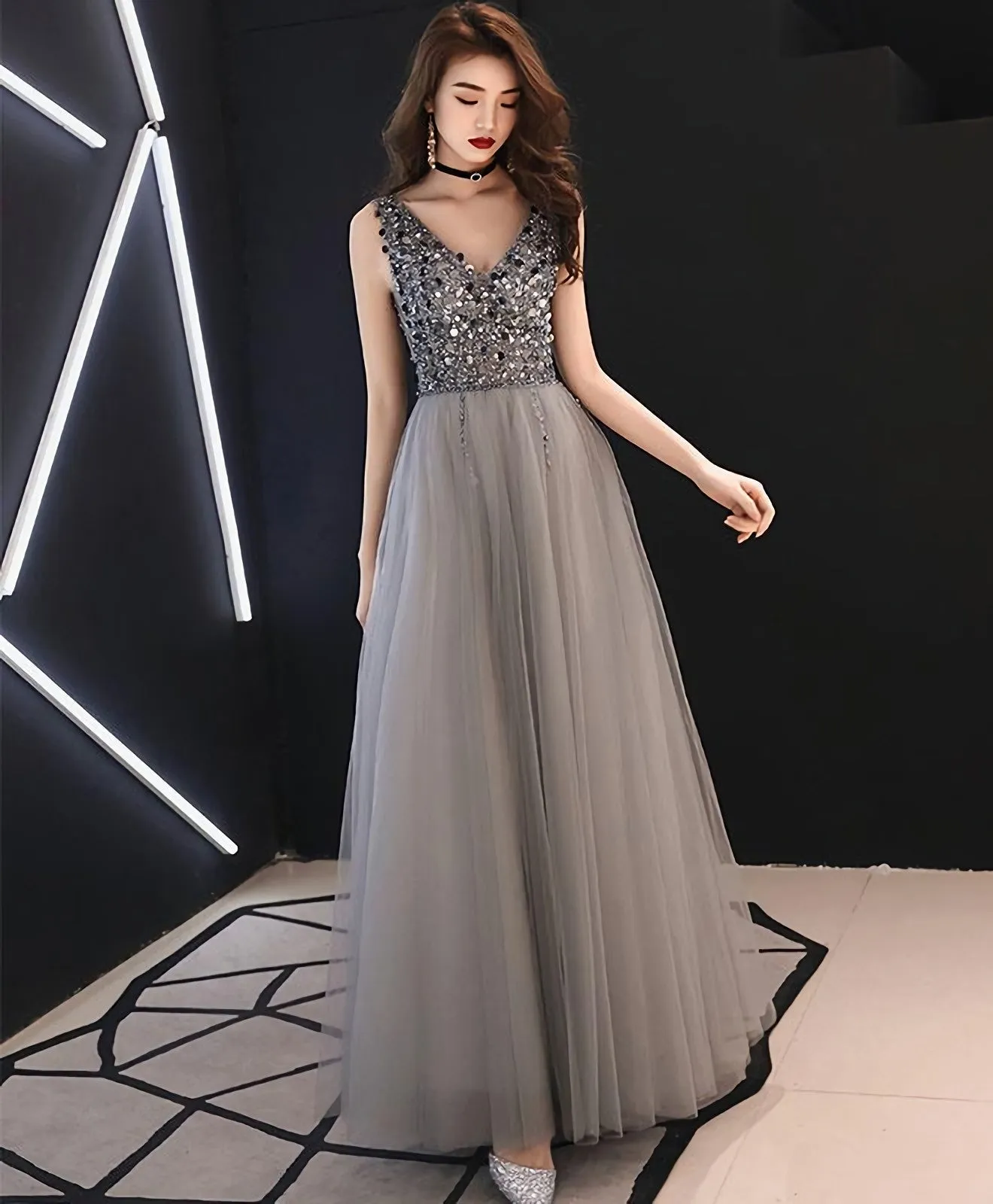 Gray V Neck Tulle Sequin Long Prom Dress Gray Tulle Evening Dress