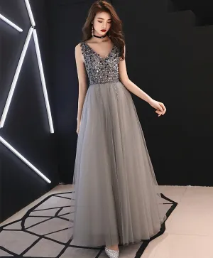 Gray V Neck Tulle Sequin Long Prom Dress Gray Tulle Evening Dress